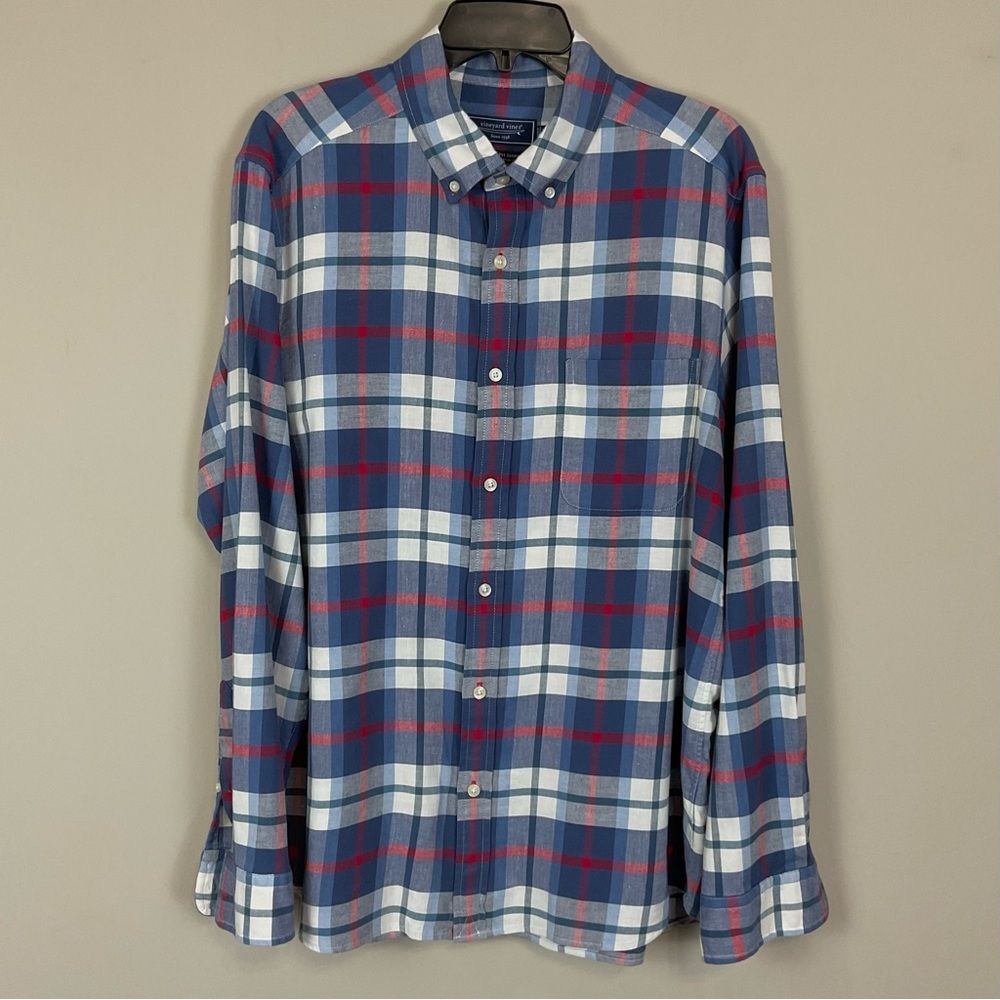 Vineyard Vines Classic Fit Plaid Island Twill Shirt Red White Blue Men's Sz Med